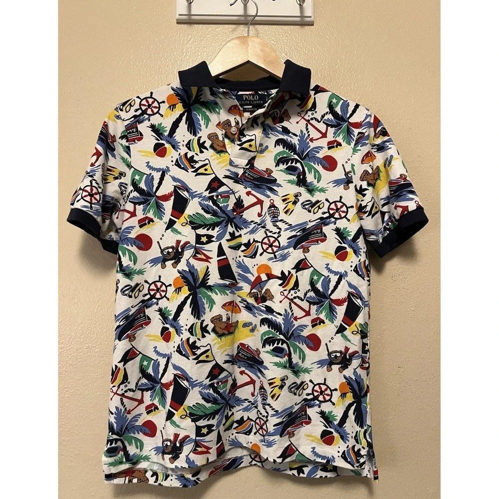 Polo Ralph Lauren Bear Classic Fit Beach Nautical Multi Color Polo Shirt Men's S